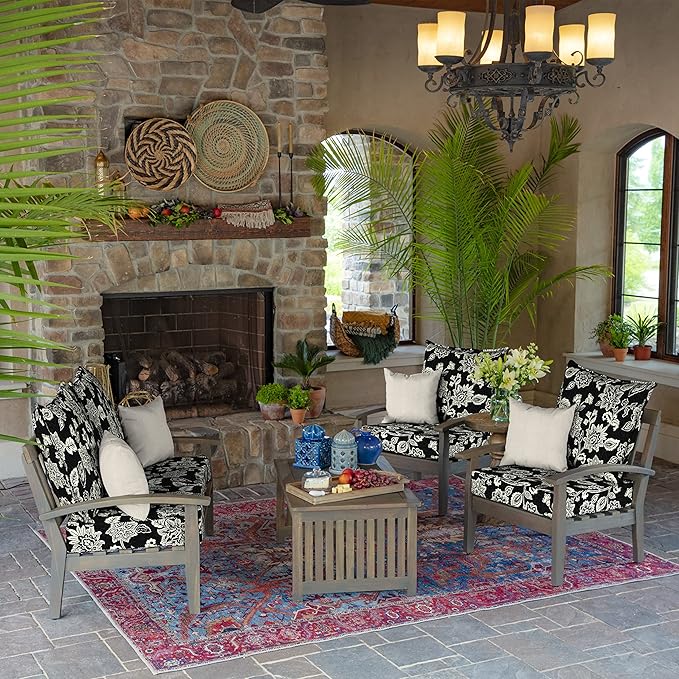 Arden 24x24 Outdoor Deep Seat Cushion Set – Fade-Resistant, Weather-Resistant Outdoor Patio Replacement Cushions Ashland Black Jacobean