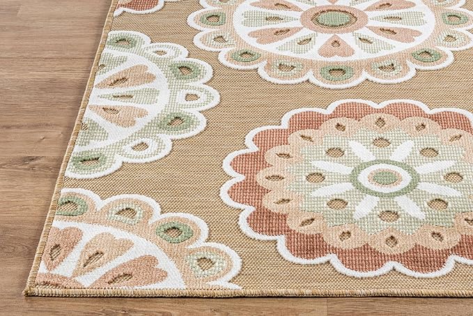 Outdoor Rug 6x9 Washable Area Rugs Indoor Outdoor Carpets Beige Bohemian Medallion Non Shedding Waterproof Easy Clean Patio Deck Porch Living Room Bedroom Garden RV (6 X 9 Beige)