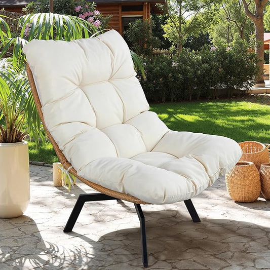 Vongrasig Swivel Wicker Chair PE Rattan Chair with Cushion, Oversized Patio Lounge Chair for Outdoor, Indoor, Balcony, Backyard, Garden, Living Room, Beige