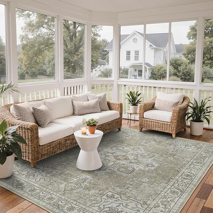 GENIMO Outdoor & Indoor Area Rug 8'x10', Waterproof, Non-Shedding, Easy Cleaning, Boho Mat for Patio, Living Room, Balcony, Dining Room, RV, Deck, Bedroom, Camping, Outside Carpet,Coffee Beige