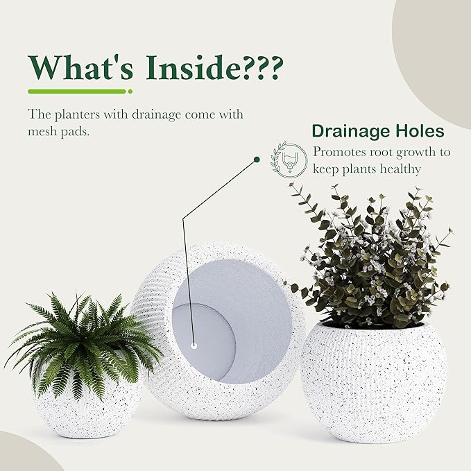 DTY Mt Sherman 21.1'' D x 16.7'' H (Pot Opening 14.6") Fiberstone Round Planter with Drainage Hole, Smooth Finishes, Weather Resistant for Indoor and Outdoor, 2 Extra Coco Mats - Ribbed White, Large