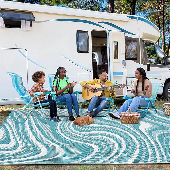 9x12 Outdoor Rug Waterproof Foldable Plastic Straw Carpet for Patio Porch Modern Abstarct Reversible Mat Lightweight Floor Mat for Picnic, Beach, Deck, Camper, Balcony，Lake Green/Light Blue