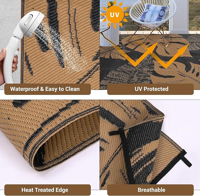 COZYLOOM Outdoor Rug Waterproof 10x14 Reversible Outdoor Plastic Straw Rugs Modern Leaf Patio Rug Indoor Outdoor Carpet RV Mat for Deck Backyard Patio RV Camping Beach, Black and Brown