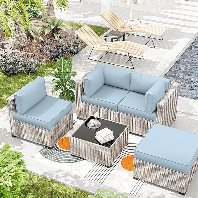Outdoor Cushions for Patio Furniture with 5 Pillows, Waterproof Patio Furniture Cushions Replacement, 4" Deep Seat Outdoor Sectional Cushions for 4-seat Patio Furniture Chair Sofa Couch,Sky Blue