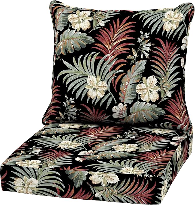 Arden Outdoor Deep Seat Cushion Set, 22 in x 24 in, Weather-Proof, Rain-Proof, Fade Resistant Patio Cushion Simone Black Tropical