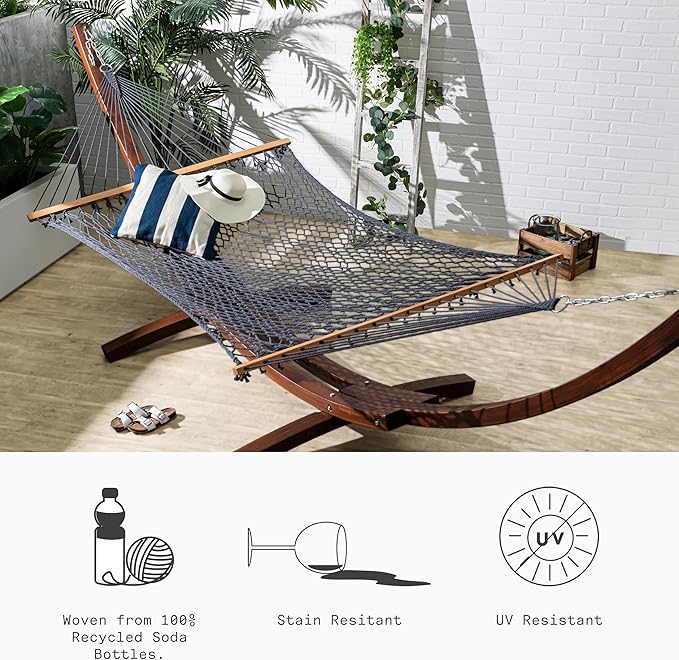 Fab Habitat 12-14 ft Adjustable Quick Dry Recycled Polyester Rope Hammock, Fade Resistant, 2 Person Indoor/Outdoor (460lbs Capacity) for Patio, Poolside, Backyard, Garden, Balcony, Miami - Charcoal