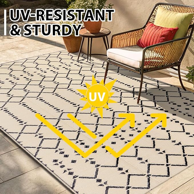 Smiry Outdoor Rug 6x9 ft, Waterproof Reversible Plastic Straw Rugs, Boho Outdoor Area Rug, Outside Floor Mat for Patio, Backyard, Deck, Picnic, Beach, Camping, Beige