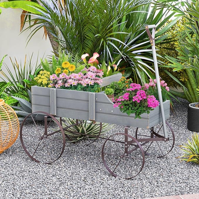 HAPPYGRILL Wooden Wagon Planter, 24.5” x 13.5” x 24” Decorative Garden Planter w/ 2 Planting Sections, Wheels, Handle, Small Decorated Cart, Flower Planter Box for Indoor Outdoor Patio (Grey)