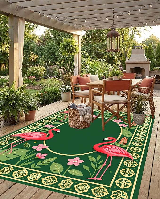 Emerald Green Pink Flamingo Tropical Patio Rug 5x7 Waterproof Washable Bohemian Chic Indoor Outdoor Carpet Yellow Border Unique Outside Rugs for Porch Balcony Porch Deck Poolside Backyard