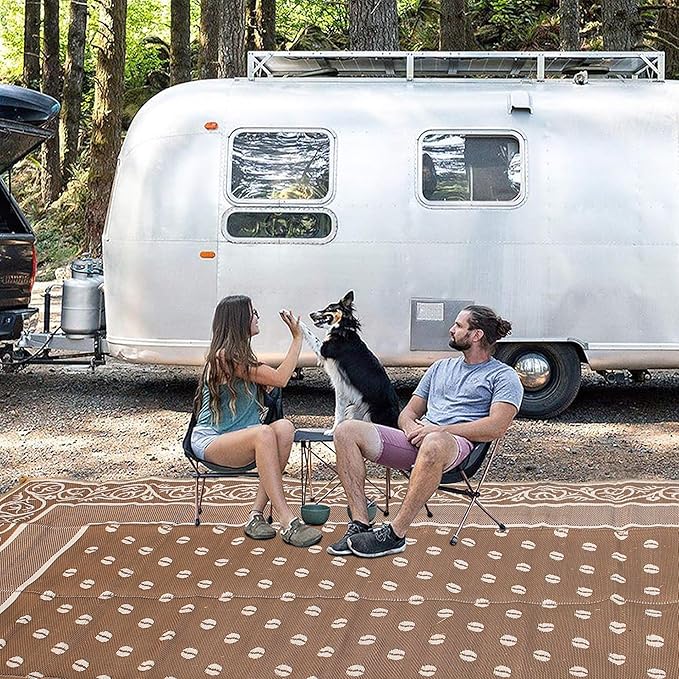 SAND MINE Reversible Mats, Plastic Straw Rug, Modern Area Rug, Large Floor Mat and Rug for Outdoors, RV, Patio, Backyard, Deck, Picnic, Beach, Trailer, Camping (9' x 12', Brown & White)