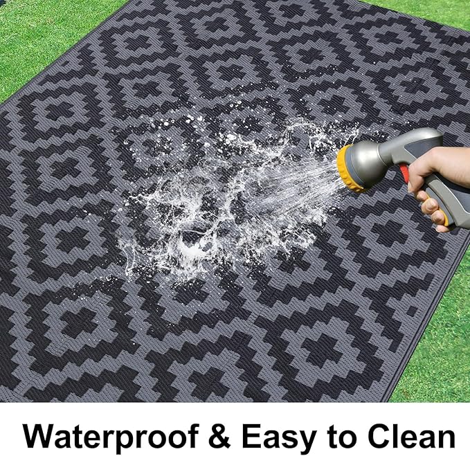 Smiry Waterproof Outdoor Rug 9x12 ft, Reversible Plastic Straw Patio Camping Rugs, Outdoor Indoor RV Mat Carpet for Patio, Outside Entry, Backyard, Deck, Bench, Picnic, Camper, Black & Grey