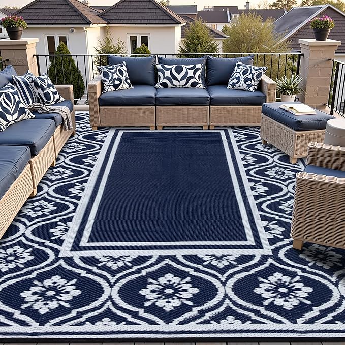 HUGEAR RV Outdoor Rug Waterproof Mat 9'x12' Camping Carpet Blue Outside Area Rugs Reversible Rugs for Deck Entryance Porch Picnic Balcony Beach