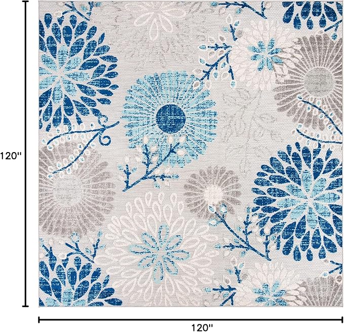 Safavieh Washable Rug Outdoor Cabana Collection - 10' Square, Grey & Blue, Non-Shedding & Easy to Clean, Ideal for Patio, Backyard, Deck, Mudroom (CBN832F)
