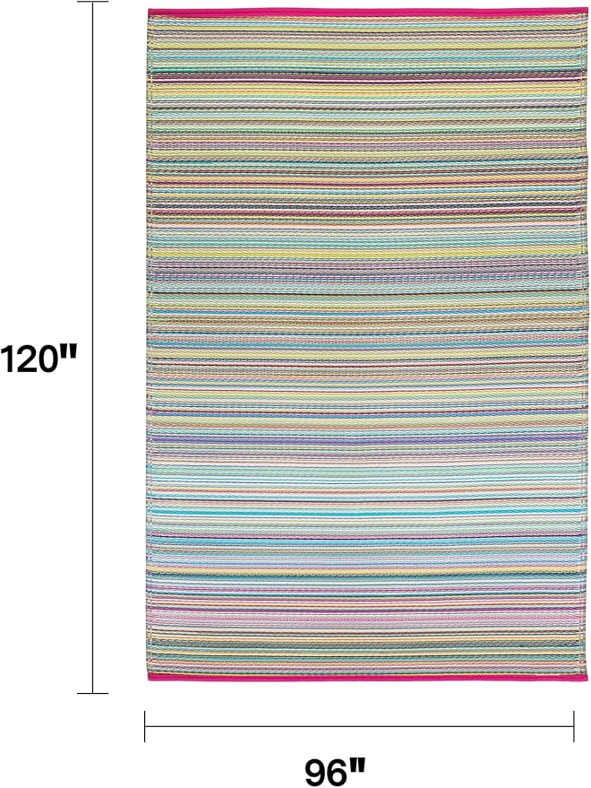 Fab Habitat Striped Outdoor Rug - Waterproof, Fade Resistant, Crease-Free, Reversible - Premium Recycled Plastic - Patio Porch Balcony Deck - Cancun Candy - 8x10 ft