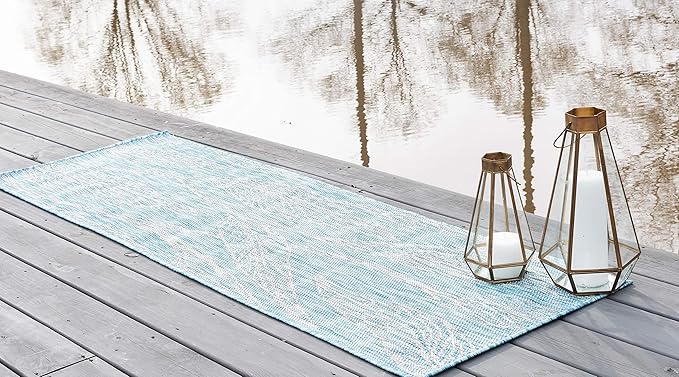 Unique Loom Outdoor Botanical Collection Area Rug - Leaf (2' x 6' 1" Runner, Light Aqua/ Ivory)