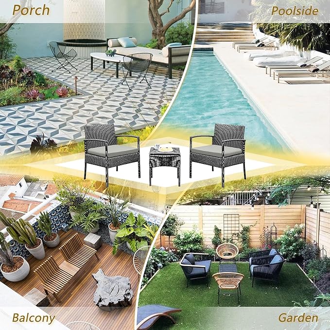 PROHIKER 3 PCS Patio Rattan Conversation Chairs Set, Outdoor Patio Furniture Balcony Furniture Set, Wicker Patio Bistro Set for Garden Porch Balcony Yard, Gray