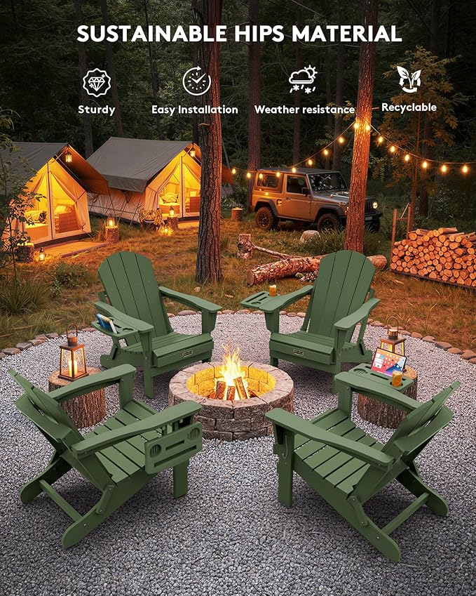 SERWALL Folding Adirondack Chair, Paito Adirondack Chairs with 4-in-1 Multi-Functional Cup Holder, Outdoor Chairs, All Weather Fire Pit Chair for Garden, Poolside, Backyard, Lawn - Army