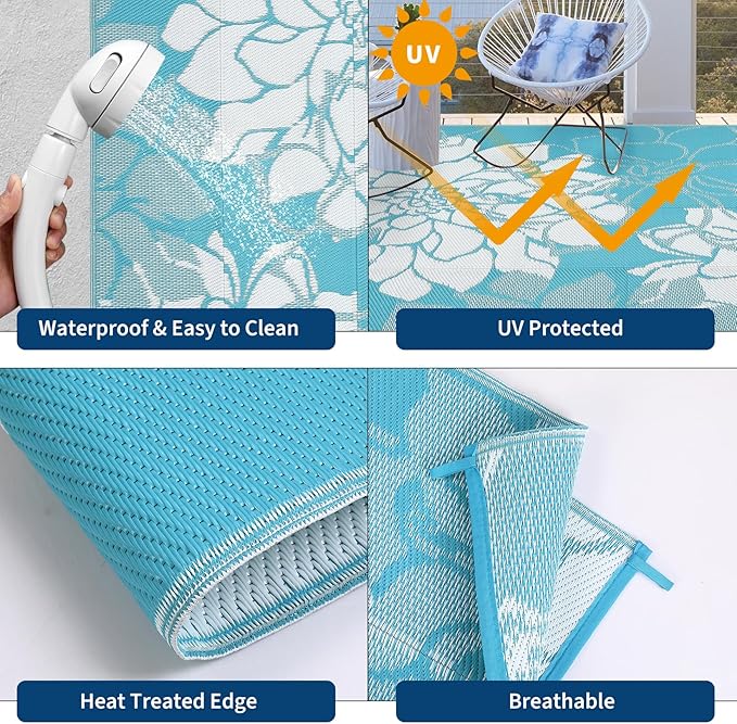 COZYLOOM Large Outdoor Rug 9x18 Waterproof Plastic Straw Rug, Reversible Patio Rugs Modern Floral Camping Mat with Portable Bag & Stakes, Foldable & UV Resistant, Outdoor Carpet for Yard Deck, Blue