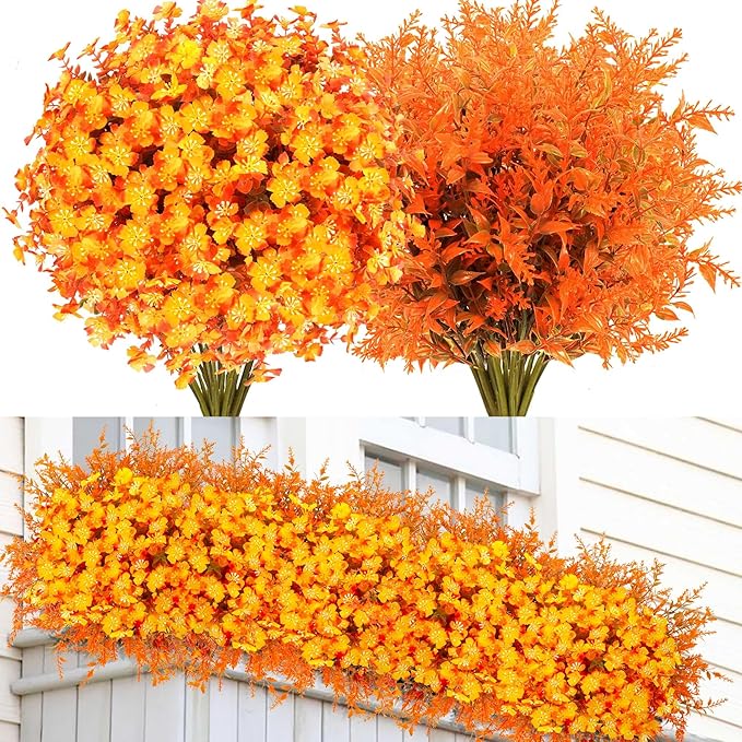 16 Bundles Artificial Mums for Outdoors Garden Home Decoration Fake Mums 2 Style Faux Silk Daisy for Outside Planter Front Porch Patio Indoor Home Wedding Garden Porch Window Box Planter Decoration