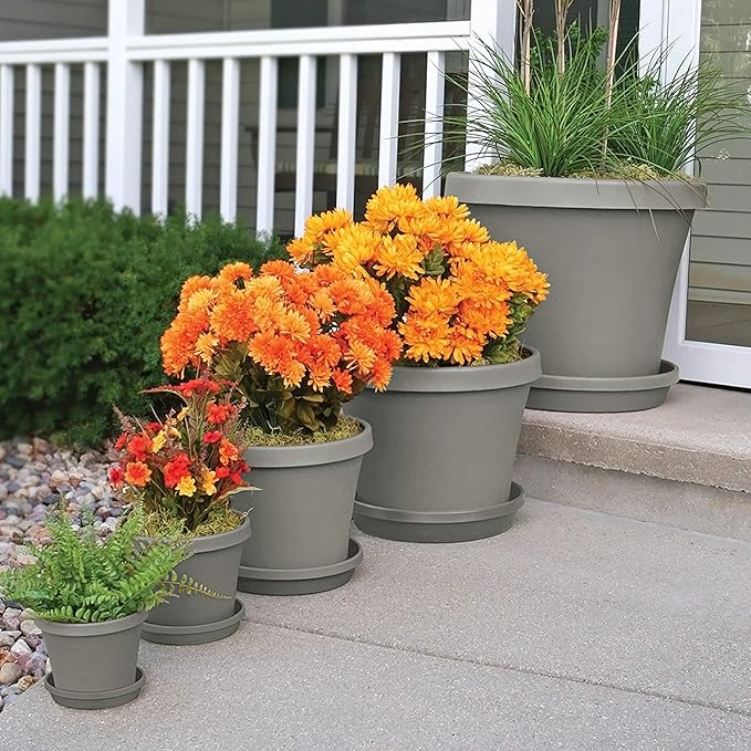 Bloem Terra 8" Diameter Round Pebble Stone Resin Planter Pot with Drainage Holes for Indoor and Outdoor Gardening