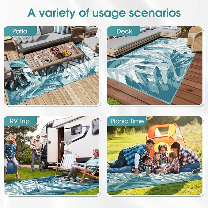 Onelike 9x18' Outdoor Plastic Straw Rug Patio Rug Waterproof Design Non-Slip & Easy to Clean Perfect for Garden, Porch, Balcony, Camping, RV Trip, Deck, Green&White