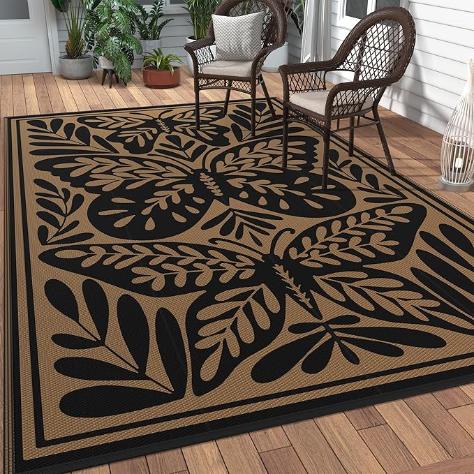 GENIMO Outdoor Rug 5' x 8' Waterproof for Patio Clearance, Reversible Plastic Straw Camping Mat, Lightweight Carpet for Rv, Camper, Deck, Porch, Picnic, Balcony, Beach, H.Black & Brown