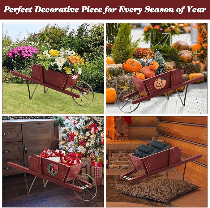 S AFSTAR Wood Wheelbarrow Planter, Flower Plant Pot Wheelbarrow Cart w/Metal Wheel & 9 Replaceable Magnet Accessories, Wooden Wagon Planter Wheelbarrow Decor for Outdoor Garden Backyard (Red)