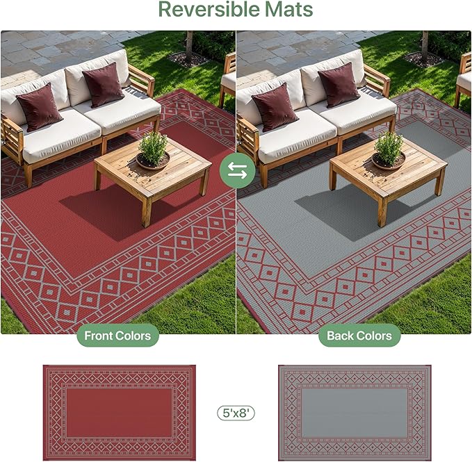 GENIMO Outdoor Rug Waterproof 5'x8' for Patio, Foldable Reversible Plastic Straw Carpet for Travel Trailers, Outside Area Mat for Rv, Deck, Picnic, Porch, Balcony, Beach, Red & Grey