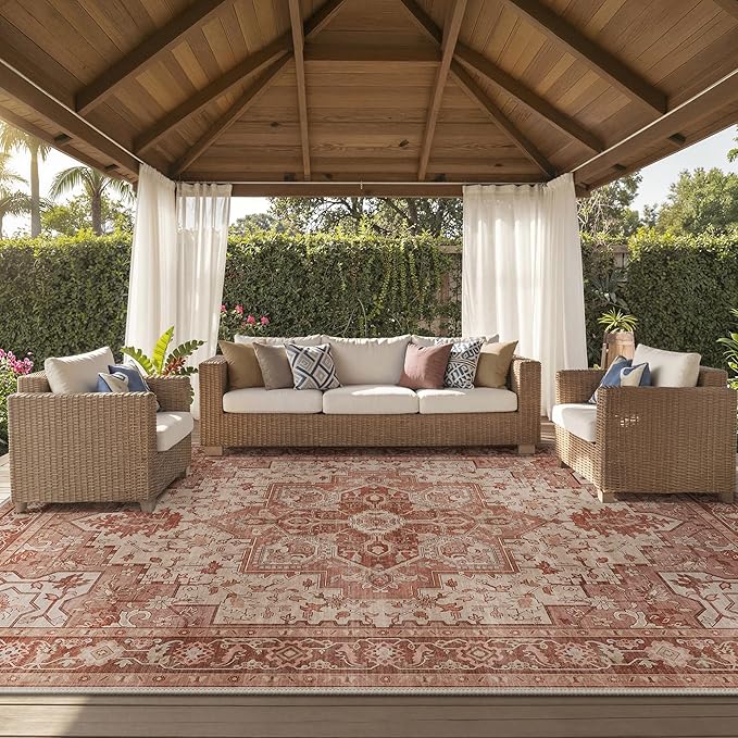 GENIMO Outdoor & Indoor Area Rug 10'x14', Waterproof, Non-Shedding, Easy Cleaning, Boho Mat for Patio, Living Room, Balcony, Dining Room, RV, Deck, Bedroom, Camping, Outside Carpet,Brown Red