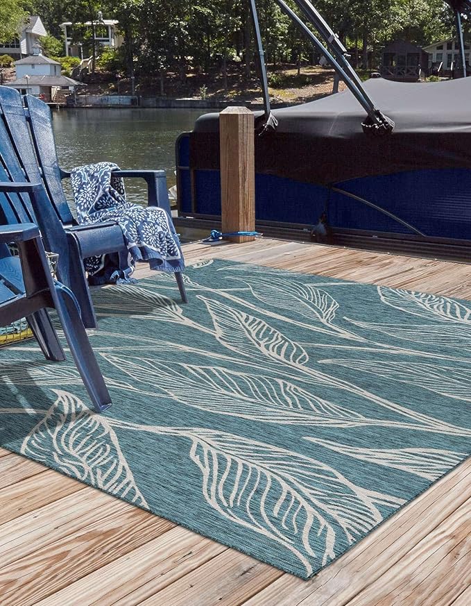 Unique Loom Outdoor Botanical Collection Area Rug - Leaf (13' Square, Teal/ Ivory)