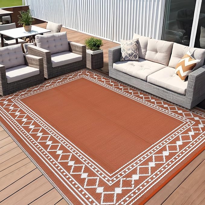 Garvee Outdoor Rug 9x18 ft, Patio Plastic Straw Rug Waterproof Reversible Patio Mat, Large Plastic Straw Rug for RV, Camping, Deck, Balcony, Easy Clean & Portable,Terracotta/White