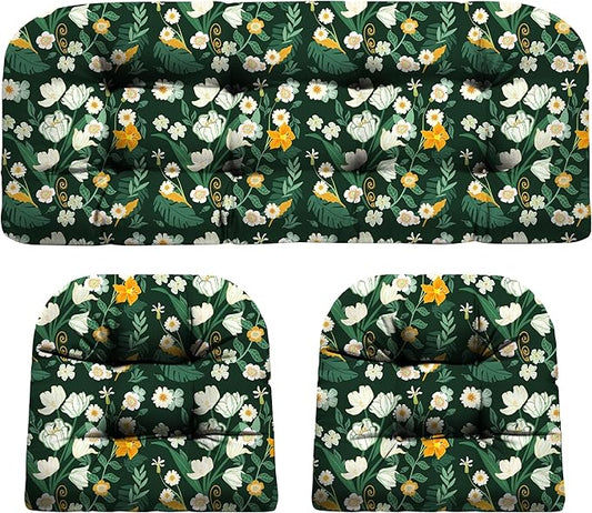 Wicker Chair Cushions, Waterproof Outdoor Loveseat Cushions for Patio Furniture, Tufted Wicker Furniture Cushions, 1 Loveseat and 2 U-Shaped Cushions (Green Floral)