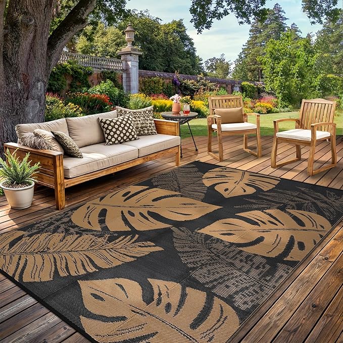10x20 Large Outdoor Patio Rug Modern Leaf Print Plastic Straw Outdoor Rugs Waterproof Foldable UV Resistant Camping Reversible Mats for Deck, Porch, Camper, Balcony, Beach, Rv，Black/Brown