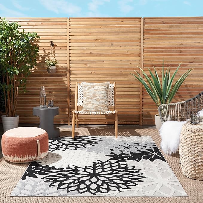 Nourison Home Aloha Indoor/Outdoor Black White 6' x 9' Area Rug, Tropical, Botanical, Easy Cleaning, Non Shedding, Bed Room, Living Room, Dining Room, Deck, Backyard, Patio (6x9)