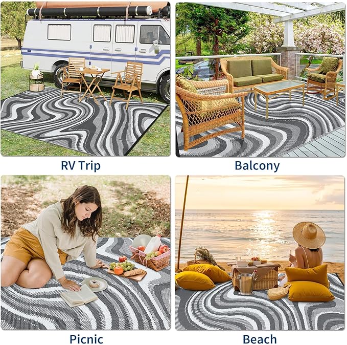 10x20 Large Outdoor Patio Rug Modern Abstarct Plastic Straw Outdoor Rugs Waterproof Foldable UV Resistant Camping Reversible Mats for Deck, Porch, Camper, Balcony, Beach, Rv，Black/Grey