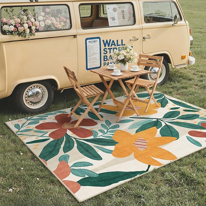 GENIMO Indoor Outdoor Area Rug 8'x10', Machine Washable Rugs for Patio, Waterproof, Non-Slip Easy Cleaning Floral Outdoor Mat Carpet for Living Room, Bedroom, RV, Balcony, Deck, Camping,Sage Orange