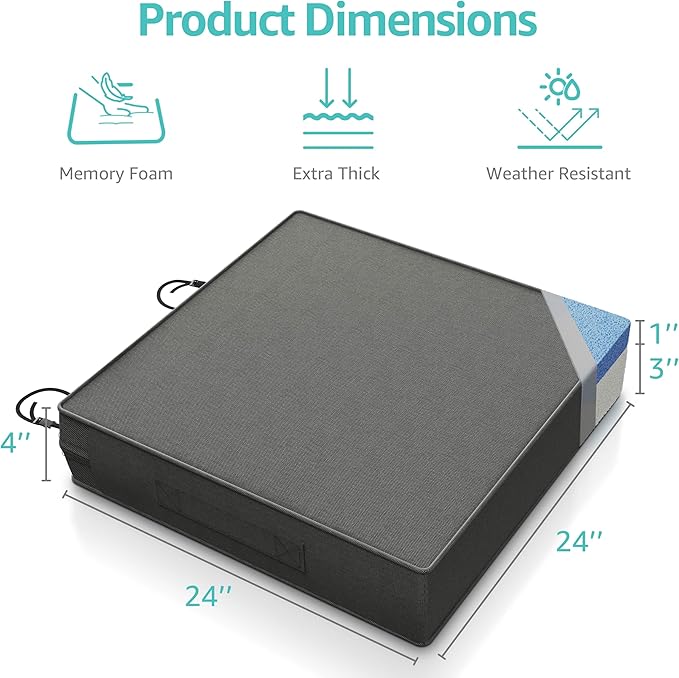YENING 24x24 Memory Foam Outdoor Chair Cushions Waterproof 4 Inch Extra Thick Patio Seat Pads for Furniture Grey Set of 2