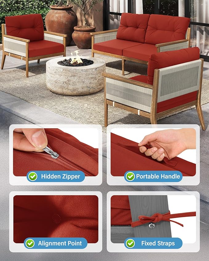 YEFU Outdoor Cushions for Patio Furniture: Waterproof Fade-Resistant Outdoor Chair Cushions Set of 4 - Deep Seat Patio Cushions Replacement with Ties for Chair Sofa Couch - 24 x 24 Inch(Burnt Orange)