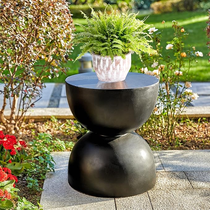 Glitzhome Outdoor Side Table, Round Accent End Table, Lightweight Hourglass Faux Terrazzo Decorative Garden Stool, 17.75" H Black Planter Stand for Patio Porch Balcony Living Room