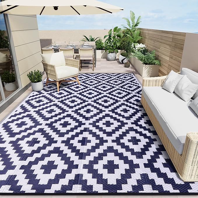 OLANLY Waterproof Outdoor Rug 10x14 ft, Outdoor Plastic Straw Rug for Camping, RV Mat Outside, Indoor Outdoor Carpet for Porch, Deck, Backyard, Balcony, Picnic, Navy & White