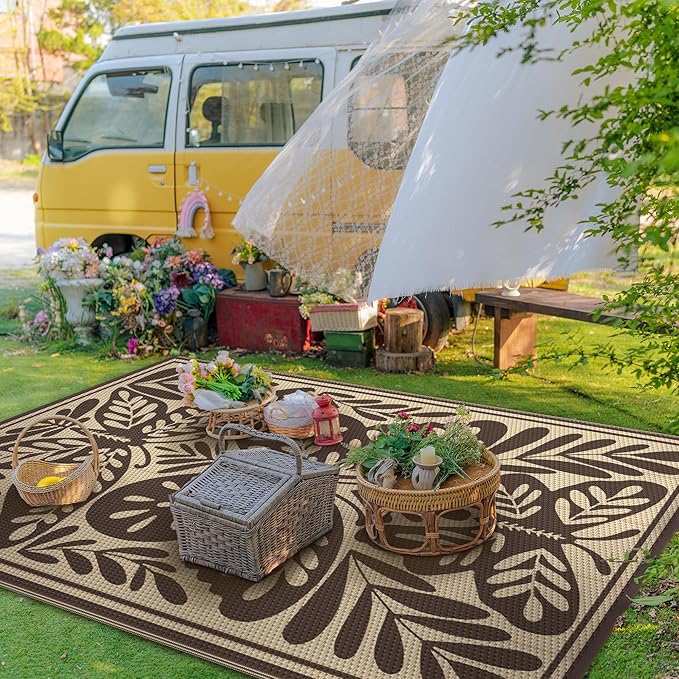GENIMO Outdoor Rug 6' x 9' Waterproof for Patio Clearance, Reversible Plastic Straw Camping Mat, Lightweight Carpet for Rv, Camper, Deck, Porch, Picnic, Balcony, Beach, H.Coffee & Beige