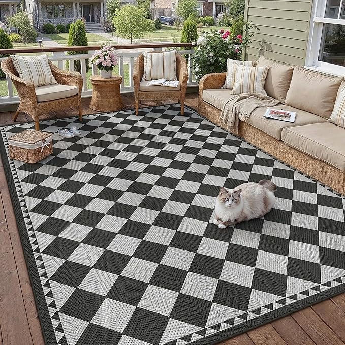 HUGEAR 6x9 Outdoor Rug Black/Grey Linen-Look Fabric Checkered Area Rug High Traffic Stain Resistant Easy Clean Durable Rugs for Indoor/Outdoor Patio Deck Balcony Porch Garden Courtyard