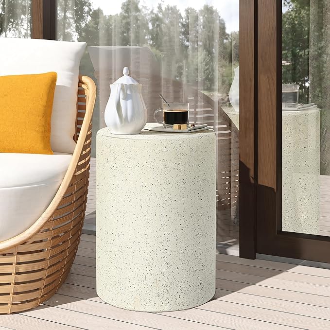LuxenHome Cream with Speckled Gray Cement Round Indoor Outdoor Side and End Table (Set of 2)