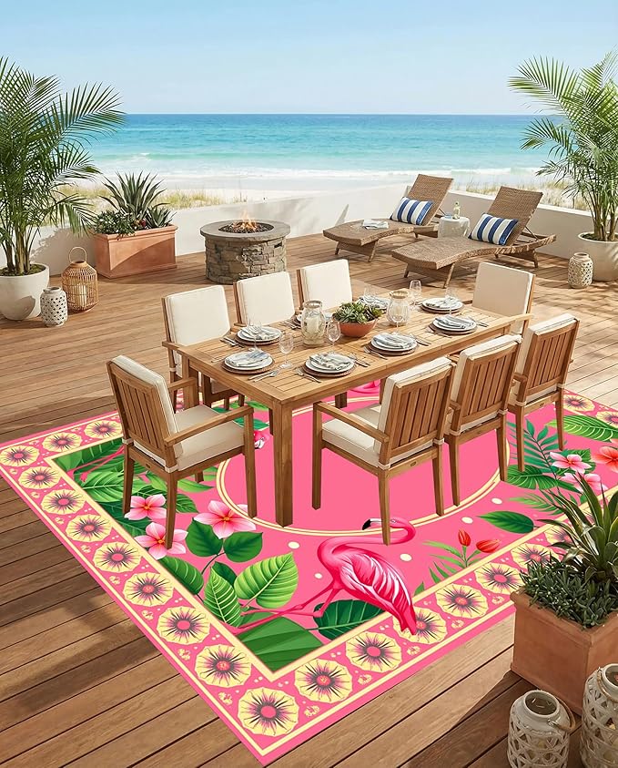 Flamingo Themed Patio Rug Double Layer Flower Border Design Outside Carpet 10x12 Green Pink Floral Waterproof Indoor Outdoor Rugs for Porch Balcony Deck Garden RV Camping Living Room Bedroom