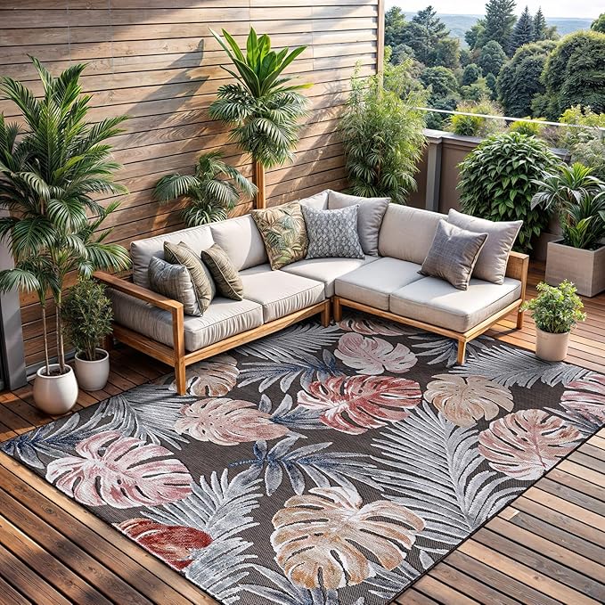 CAMILSON Indoor Outdoor Rug, Brown 5x7 Leaf Tropical Botanical Area Rugs for Indoor and Outdoor patios, Easy-Cleaning Non-Shedding Living Room, Garden and Kitchen Washable Outside Carpet (5 x 7)