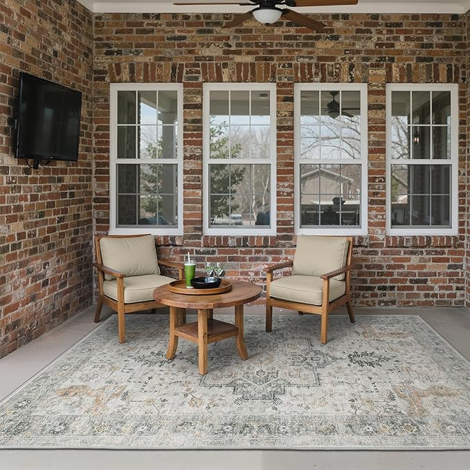 GENIMO Outdoor & Indoor Area Rug 6'x9', Waterproof, Non-Shedding, Easy Cleaning, Boho Mat for Patio, Living Room, Balcony, Dining Room, RV, Deck, Bedroom, Camping, Outside Carpet,Light Grey Brown