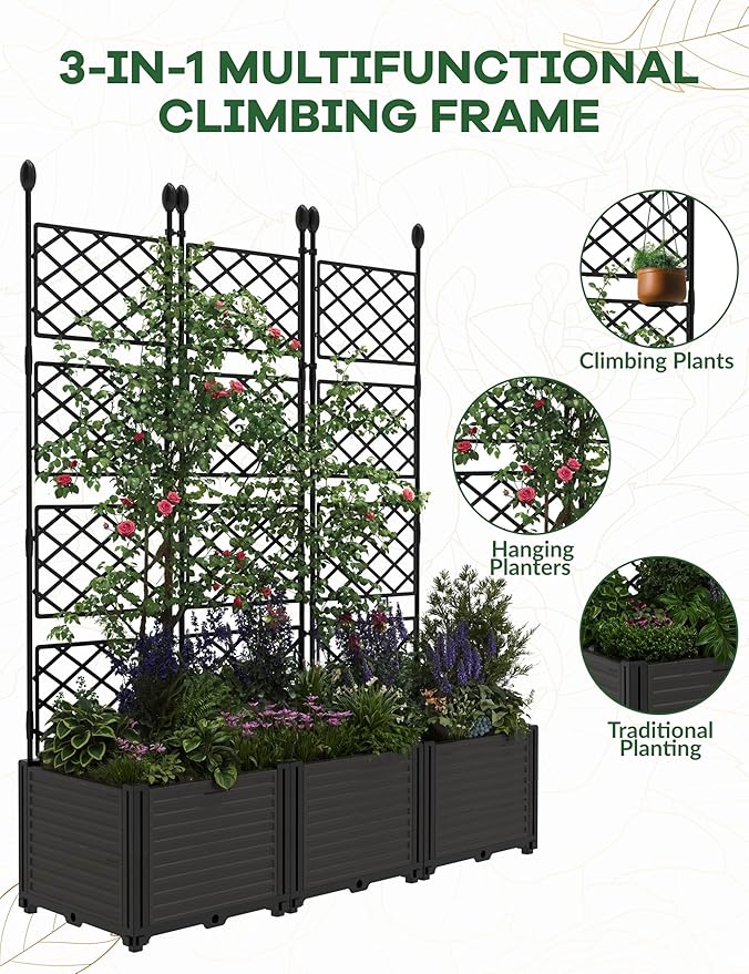 3 PCS Raised Garden Bed with Trellis, 66" w x 63" Tall Vertical Planter Box for Climbing Plants, Patio Privacy Screen & Balcony Garden, Sturdy Metal Frame, Lightweight