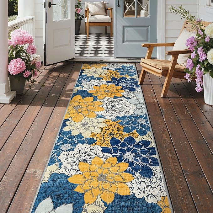 GENIMO 2.5’x8’ Indoor Outdoor Runner Rug for Hallway, Washable Waterproof Bedside Rugs, Non-Slip, Floral Mat Carpet for Patio, Living Room, Bedroom, Balcony, Kitchen, Deck, Porch, Navy Blue