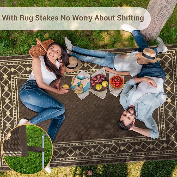 Garvee Outdoor Rug 9x12 Waterproof for Patio Clearance, Large Plastic Straw Mat for Camping, Porch, RV, Reversible Rugs for Deck Entryance Picnic Balcony Beach (Brown/Coffee)