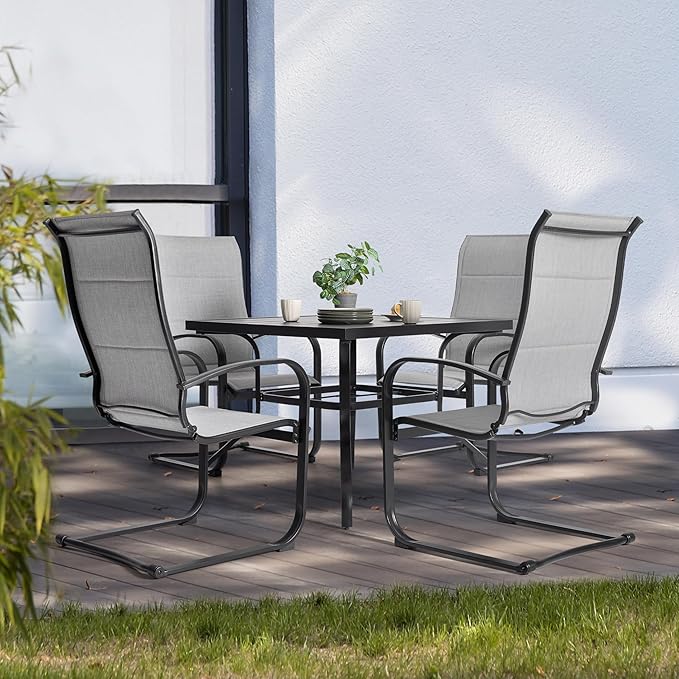 NUU GARDEN Patio Chairs Set of 4, All-Weather Padded Textilene Outdoor Dining Chairs with Spring Motion and High Back, Breathable Patio Chairs for Backyard Lawn Deck, Gray